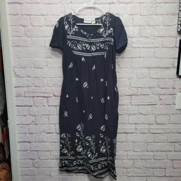 Loungees Floral Boho Muumuu Patio Dress Size M Dark Midnight Blue Pockets Cotton - Picture 1 of 9